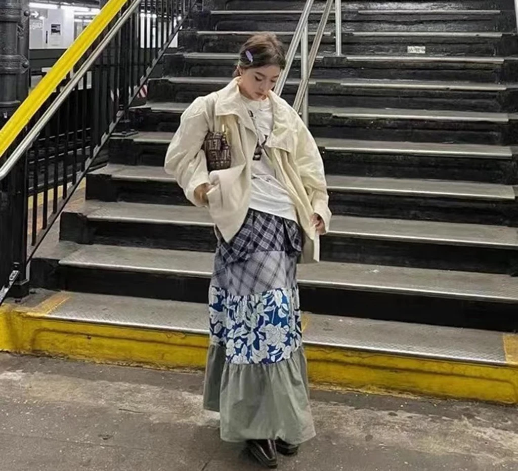 

Contrast Color Print Skirt Women Fashion Vintage Jupe 2025 Faldas Mujer De Moda High Waist Summer Saia Loose Plaid Long Skirts