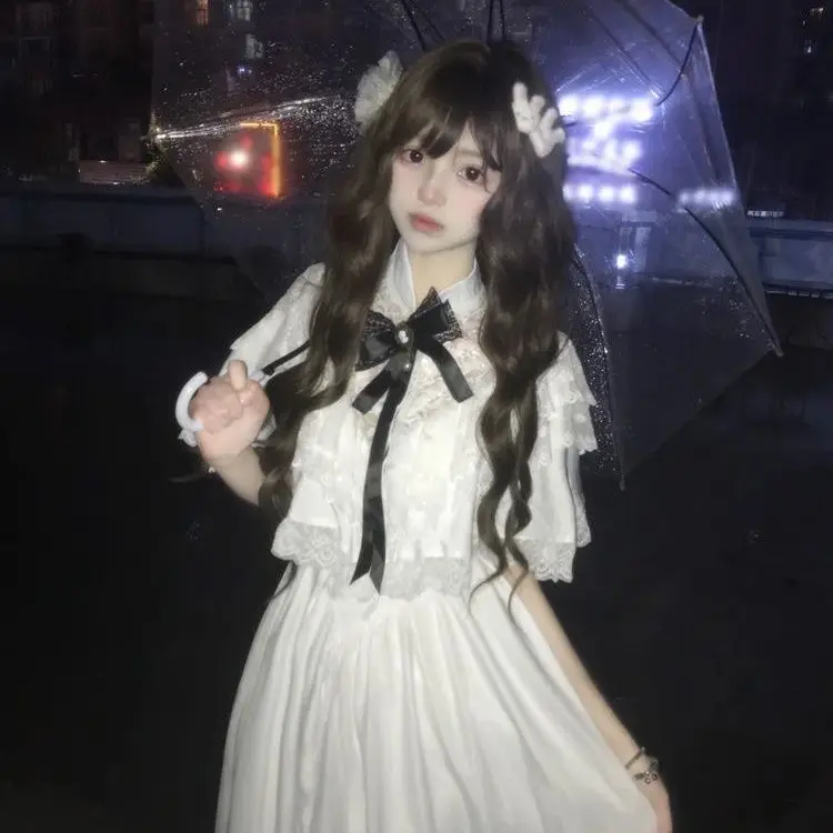 Vestido japonés de encaje con lazo de manga corta, falda larga ajustada blanca, estilo dulce, traje para cita diaria de otoño 2025, ropa informal elegante para mujer