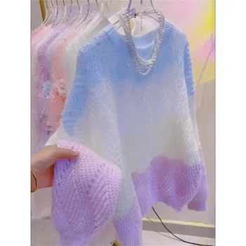 Haut en tricot ajouré coloré de Style paresseux pour femmes, pull à manches longues et col rond, blocage de couleur douce, nouvelle collection printemps automne