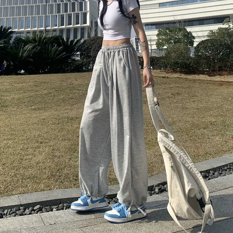 Women Black Wide Leg Joggers 2026 Fall Winter Drawstring Loose Cuffed Sweatpants Casual Streetwear Trousers Pants