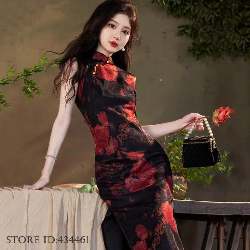 

Сексуальное длинное платье Cheongsam в винтажном стиле с классическим принтом, струящееся атласное женское Ципао, элегантное традиционное китайское платье, Vestidos, восточный костюм