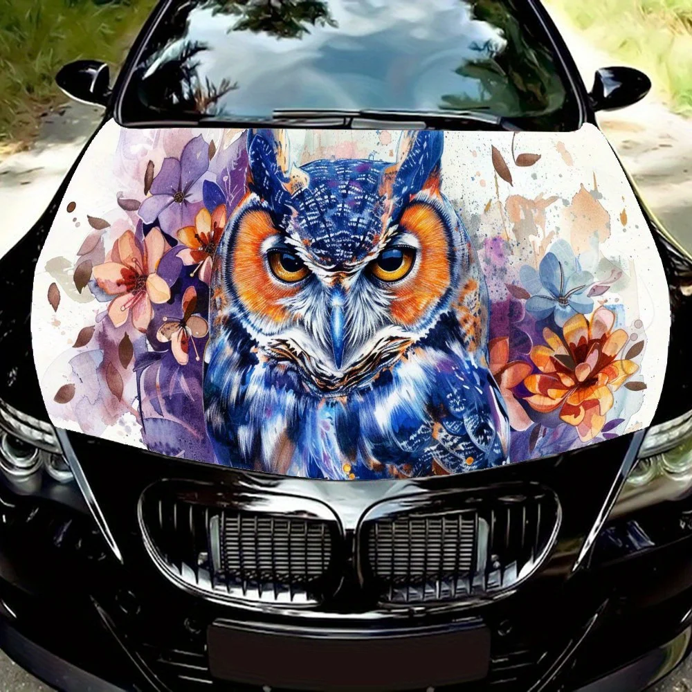 Serious and Cool Owl In the Flower Field Car hood vinyl wraps sticker, self-adhesive waterproof auto cover protection decal, uni