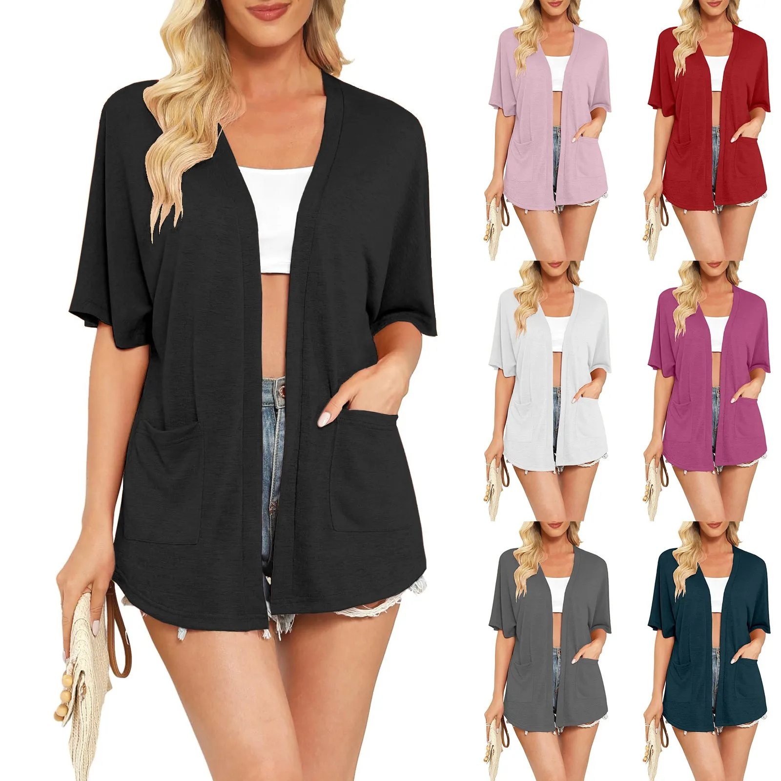 2024 New Summer Fashion Cardigan Ladies Solid Color Short-Sleeved Cardigan With Pocket Casual Loose Tops Women Outwear