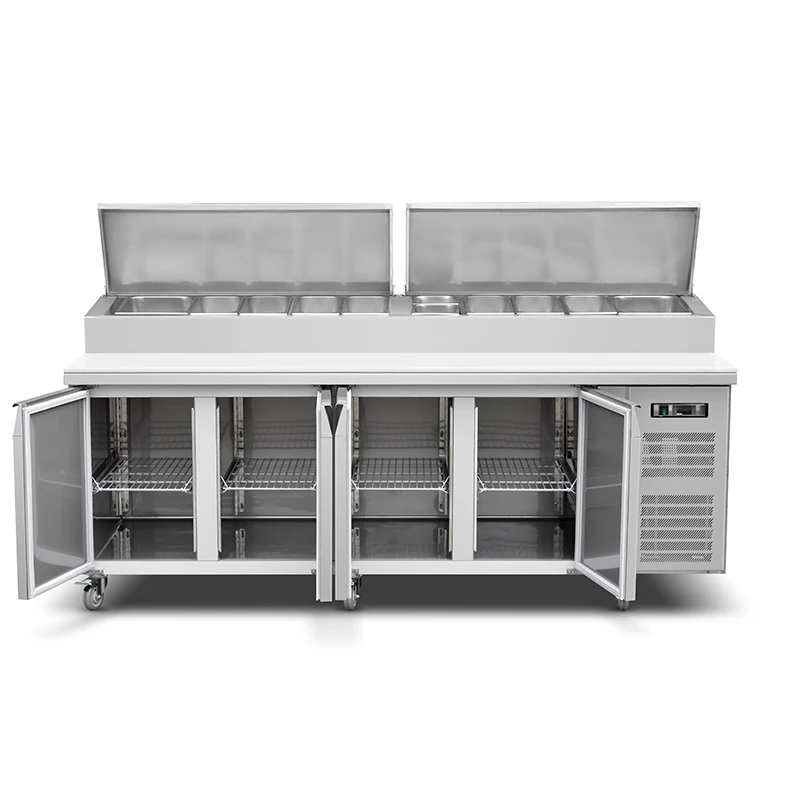 Premium Commercial Stainless Steel Refrigerated Fridge Refrigerator Workbench 4 Doors Pizza Prep Table for Bakery