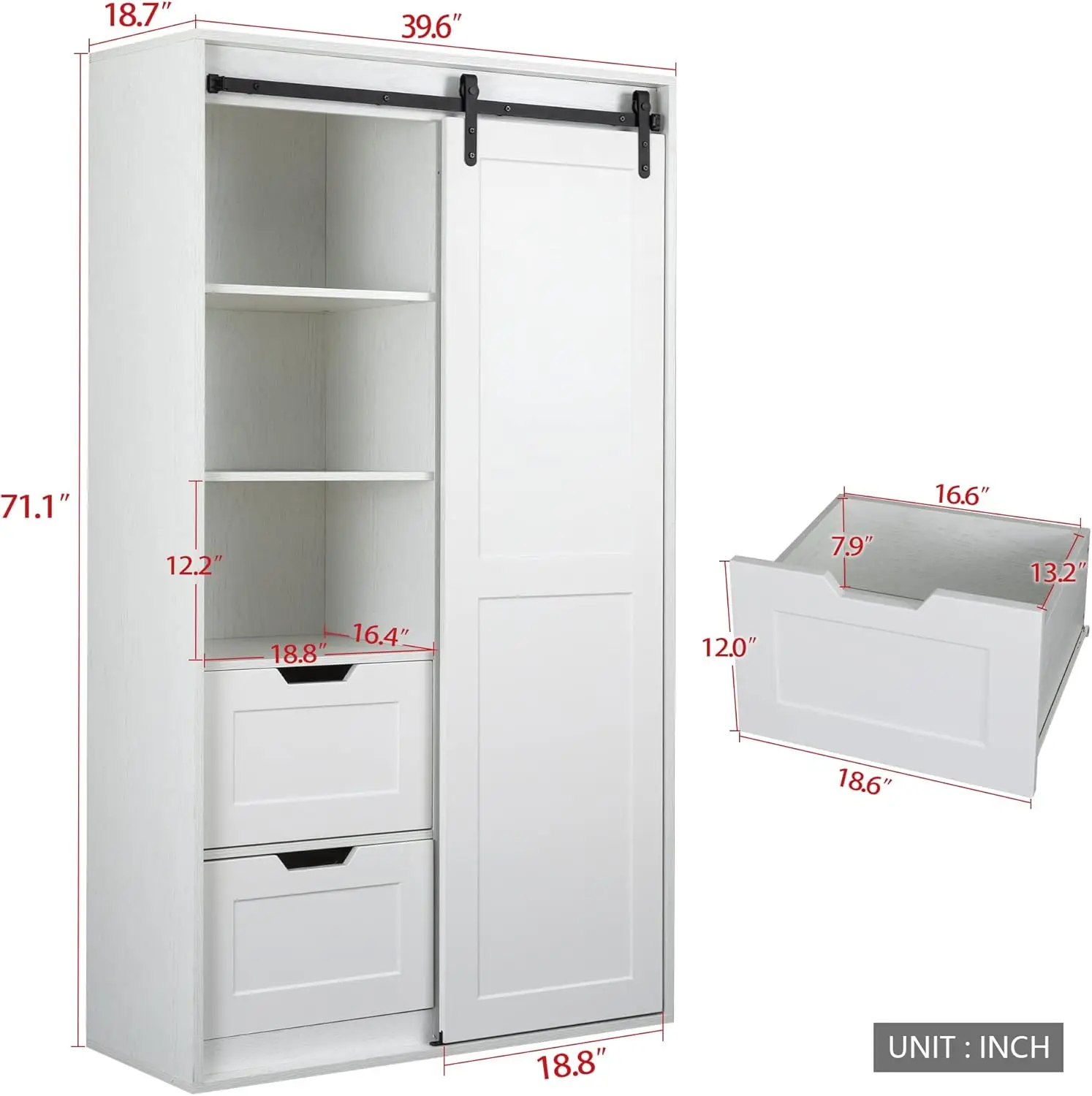 71 inch Tall Bedroom Armoire Wardrobe Closet Clothing Storage Cabinet with Hanging Rod Barn Door Drawers Open Shelves (White)