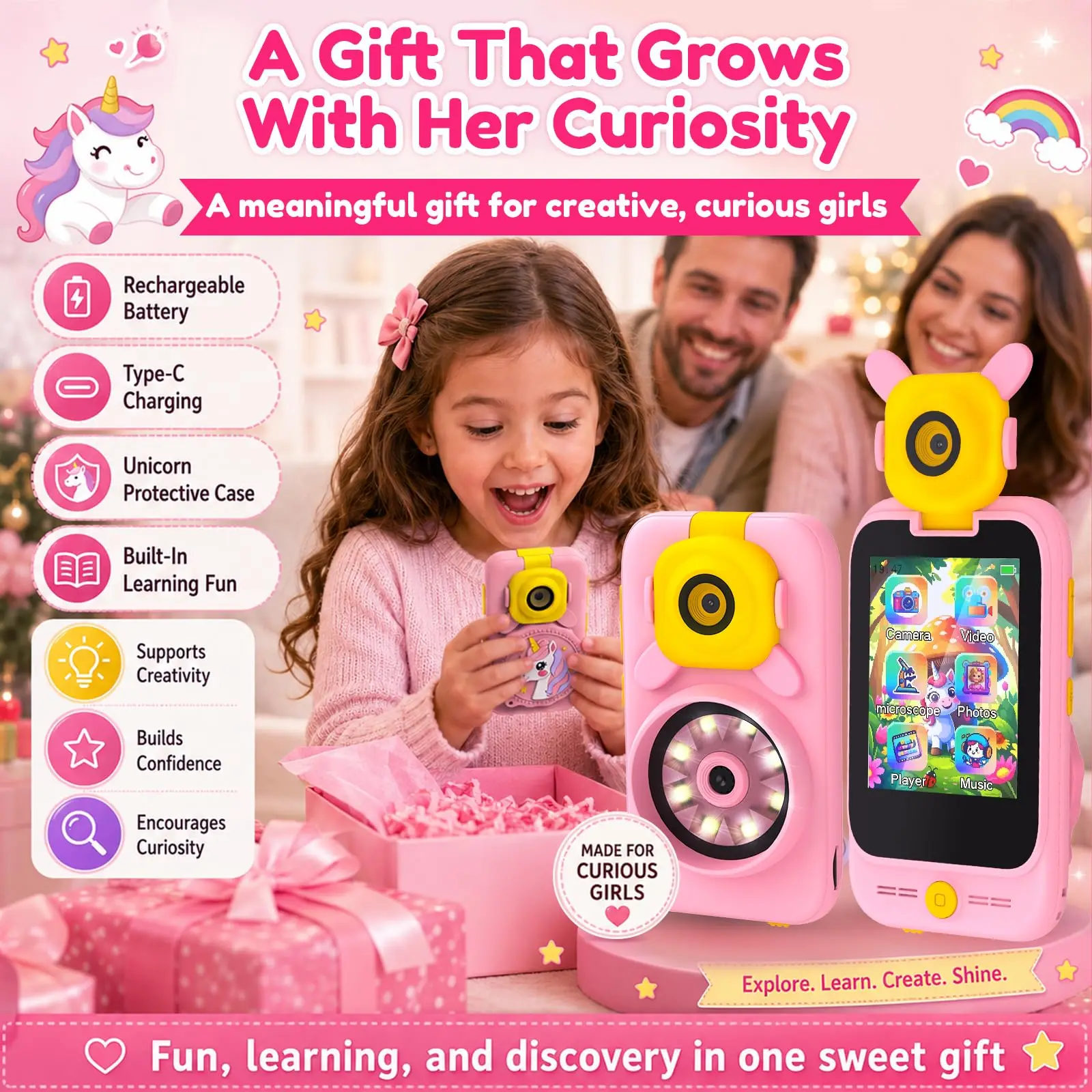 Kids Smart Phone Camera Toys with Microscope HD Digital Video Camera Dinosaur Toys 2.8 inch Touchscreen Learning Educational Toy