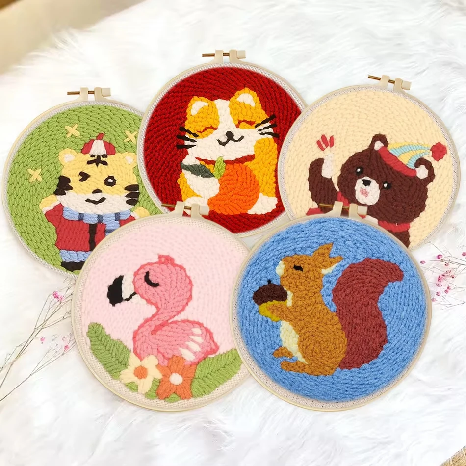 

DIY Punch Needle Embroidery Set For Beginner Rug for Starter Kits Craft Painting Cute Animal Pattern Fabric Yarn Hoop