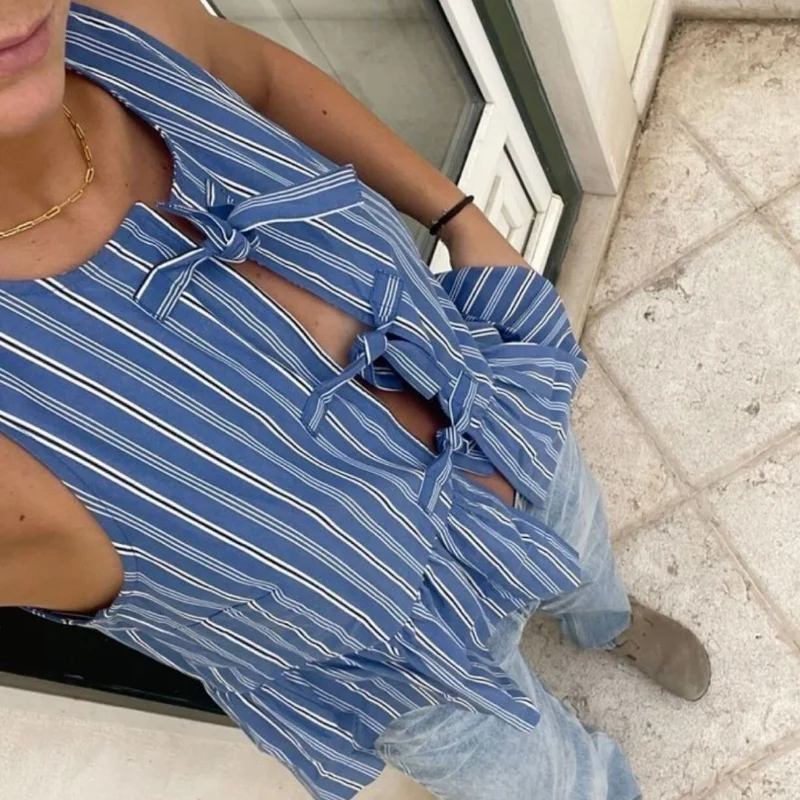 Summer Clothes Tank Top Women Elegant Striped Sleeveless Tie Up Cardigan Vest T Shirt Female Casual V-neck Tees Ladies Tshirts