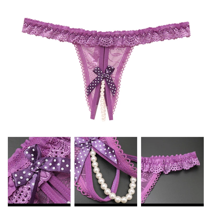 Pakaian Dalam Wanita Seksi Model G-String Berlubang dengan Hiasan Mutiara dan Pita, Celana Dalam Thong Warna Solid Pinggang Rendah, Pakaian Dalam Menggoda 2025