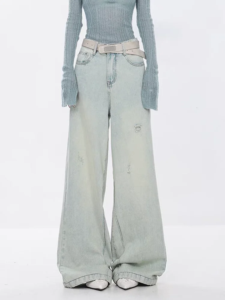 

New Women American Retro Ripped Jeans High Waist Loose Straight Fit Distressed Slimming Denim Pants for Autumn