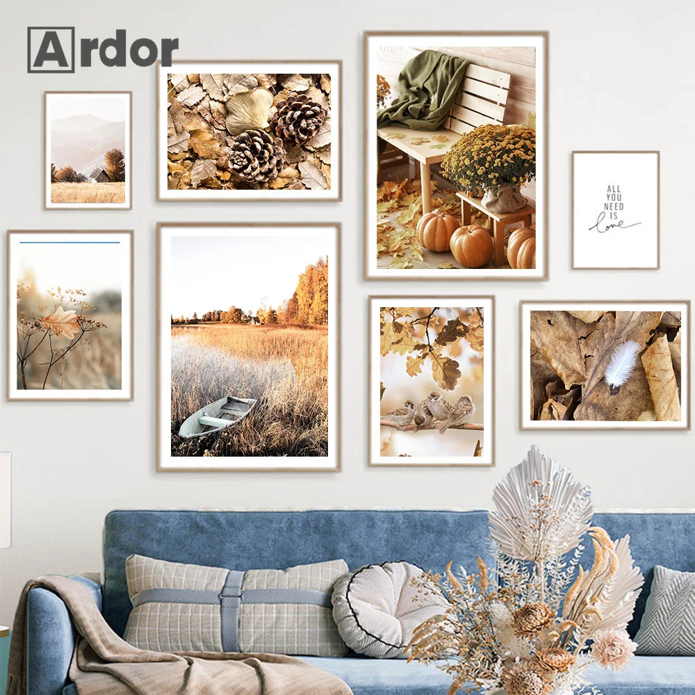 Modern Autumn Scenery Poster Maple Leaves Pumpkin Landscape Oil Canvas Painting Print Wall Art Pictures Living Room Home Decor