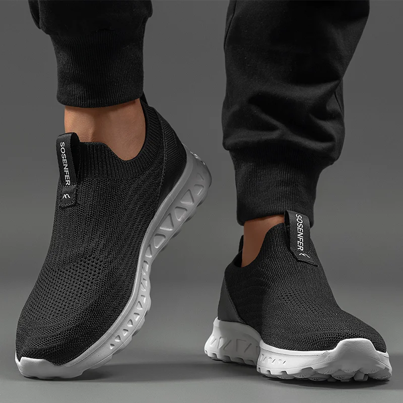 Men Slip On Sport Shoes Lightweight Mesh Sneakers Solid Black Walking Shoes Outdoor Breathable Running Shoes Plus Size 45 46 47