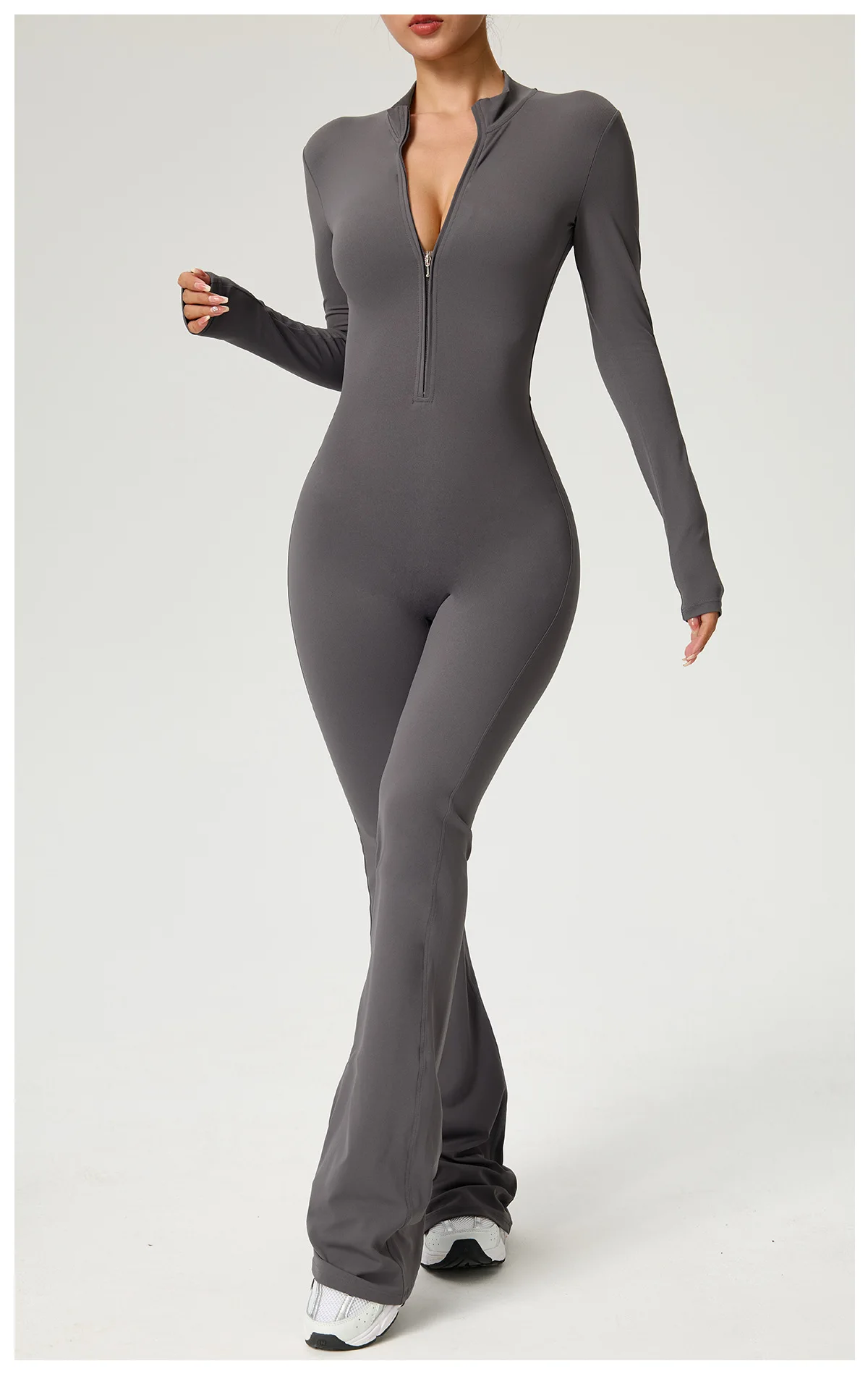 Neuer Reißverschluss-Jumpsuit mit Schlaghose Damenkleidung Sportbekleidung Gym Yoga Sportsets Spandex Nylon Trainingssets Damen Trainingsanzug – Detail 7