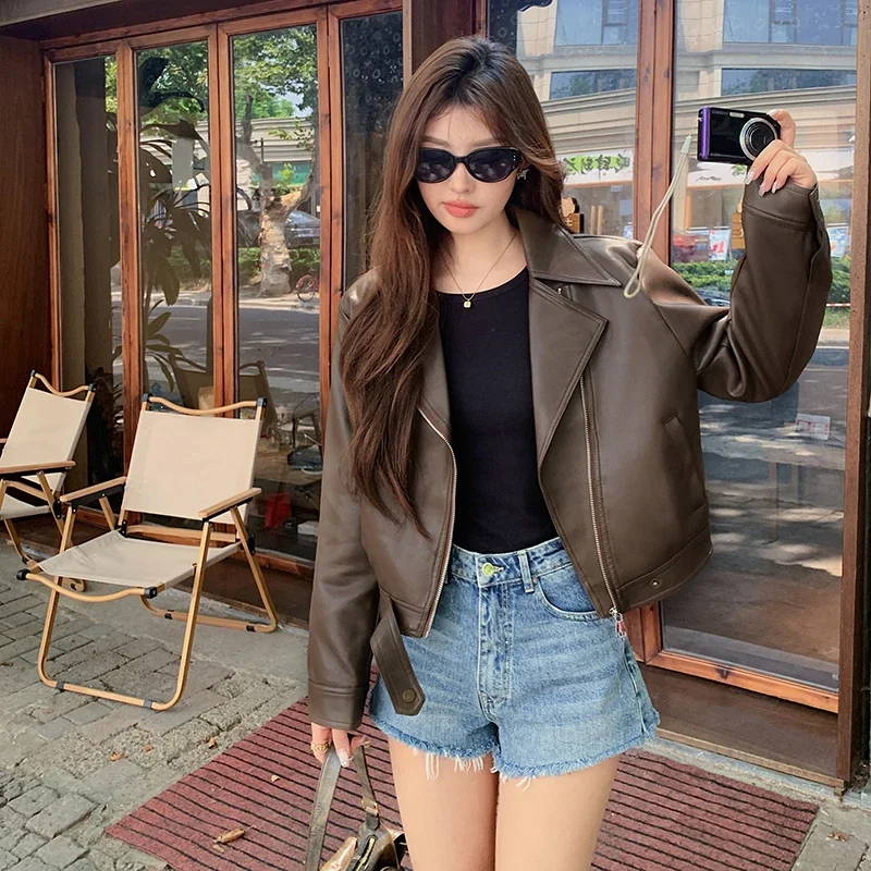 Mocorcycel Fashion Women PU Jacket Short Cut Long Sleeves Zipper Up Brown Faux Leather Hot Lady Jacket