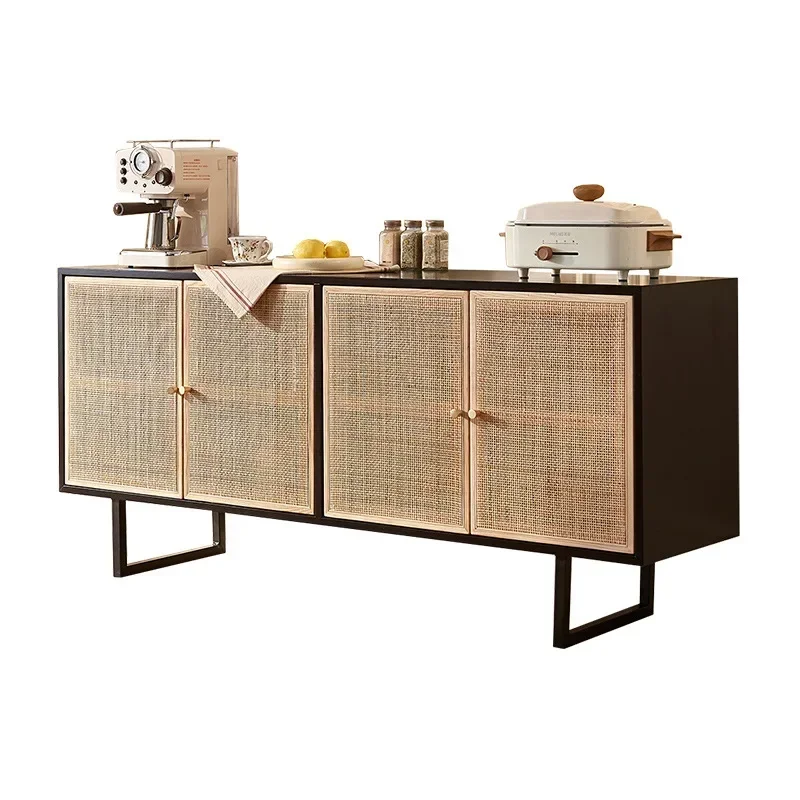 Simple black storage cabinet, retro home solid wood cabinet, large capacity four-door storage cabinet