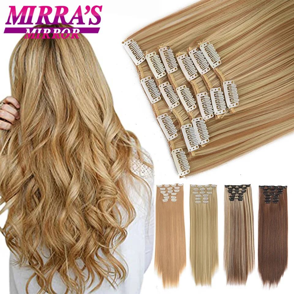16 clips de extensiones de cabello sintético de 24 pulgadas, lacio, rubio y negro, resistente al calor, 6 piezas por set