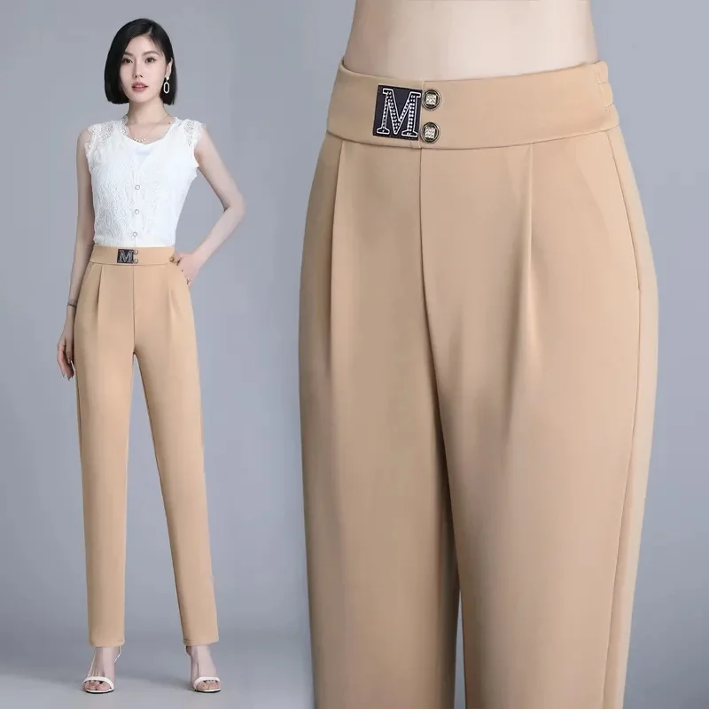 Sarouel en soie glacée pour femme, pantalon court de haute qualité, taille haute, polyvalent, costume tombant, nouvelle collection été 2025