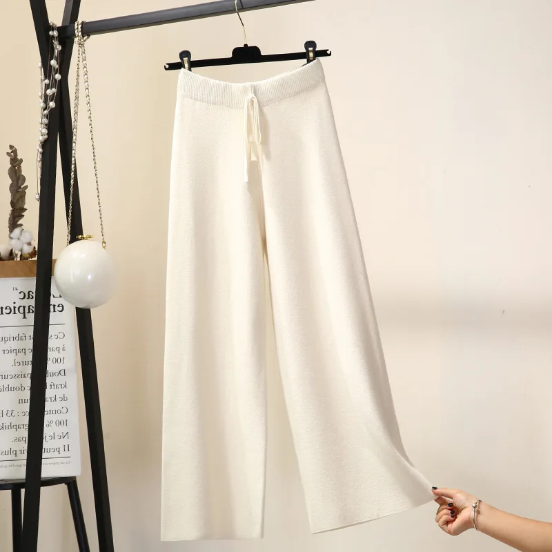 Thickened Knitted Wide Leg Pants Women's Autumn Winter Casual Comfort Straight Thickened Pants Elastic Loose Wide Legs Trousers