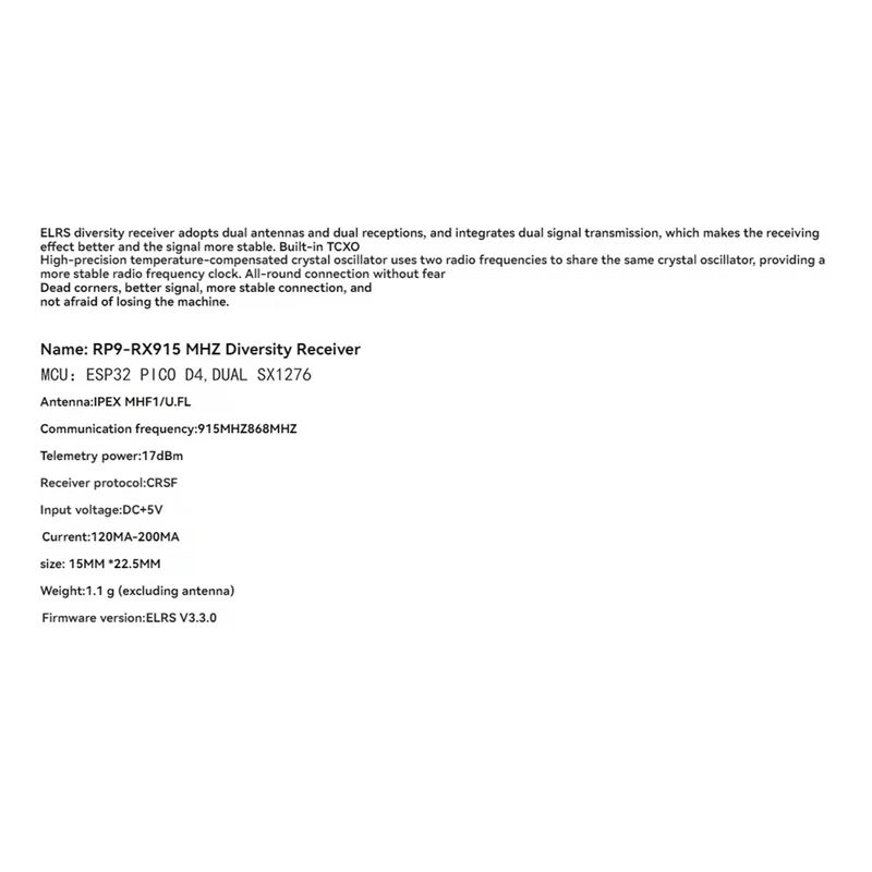 JHEMCU RP9-RX ELRS 915MHZ ダイバーシティレシーバー RX FPV 長距離 RC ドローン-BTFL 用