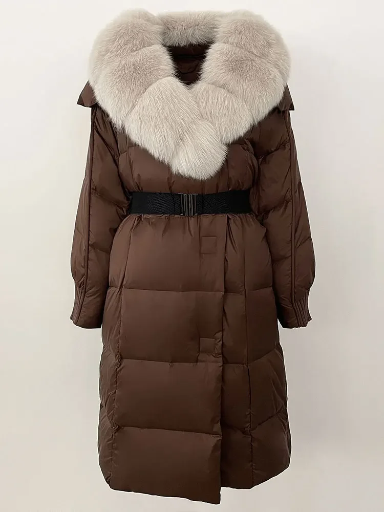 2025 المرأة الشتاء سترة طويلة الطبيعية ريال الراكون الثعلب الفراء طوق الأبيض بطة أسفل معطف حزام سميكة الدافئة ملابس خارجية غير رسمية