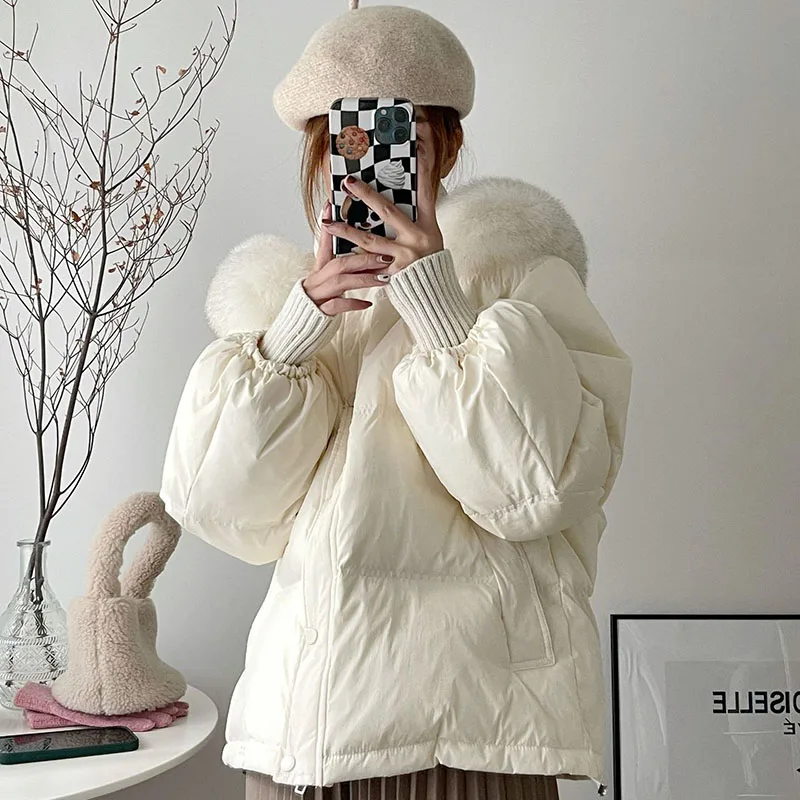 Overcoat Fashion Warm Solid Color Women Down Jacket 2024 Winter White Duck Down Hooded Natural Fur Collar Women Down Jacket H185