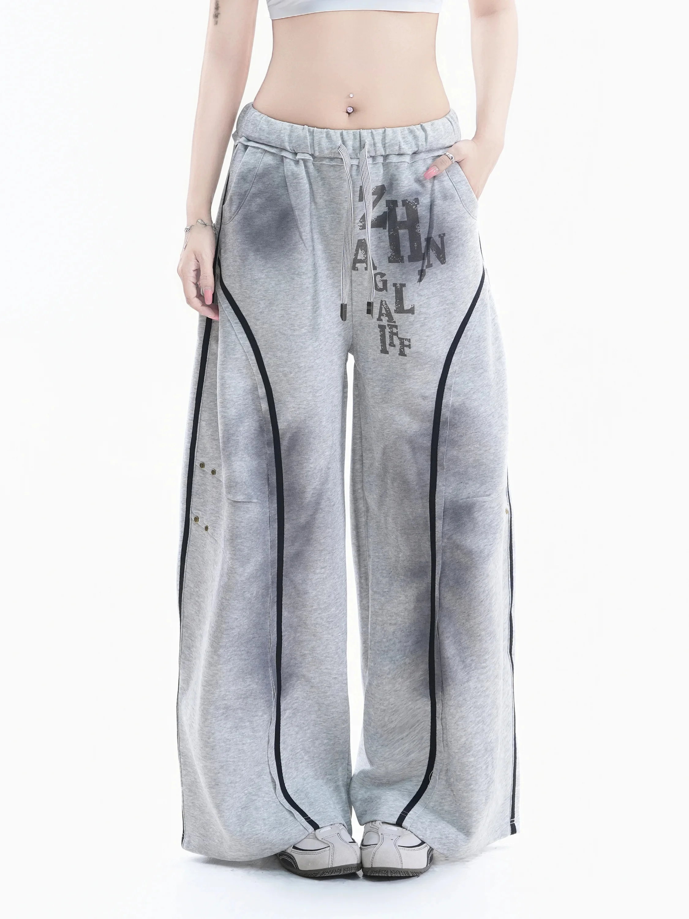 

American Streetwear Wide Leg Pants Women Summer Drawstring Color Block Line INS Casual Long Trousers Letter Print Cotton