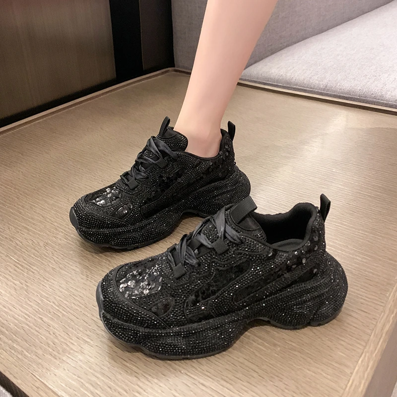 Hot Leather Casual Shoes Rhinestones High Top Sneakers Women Vulcanized Lace Up New Internet Celebrity All-Match Flat Thick Sole