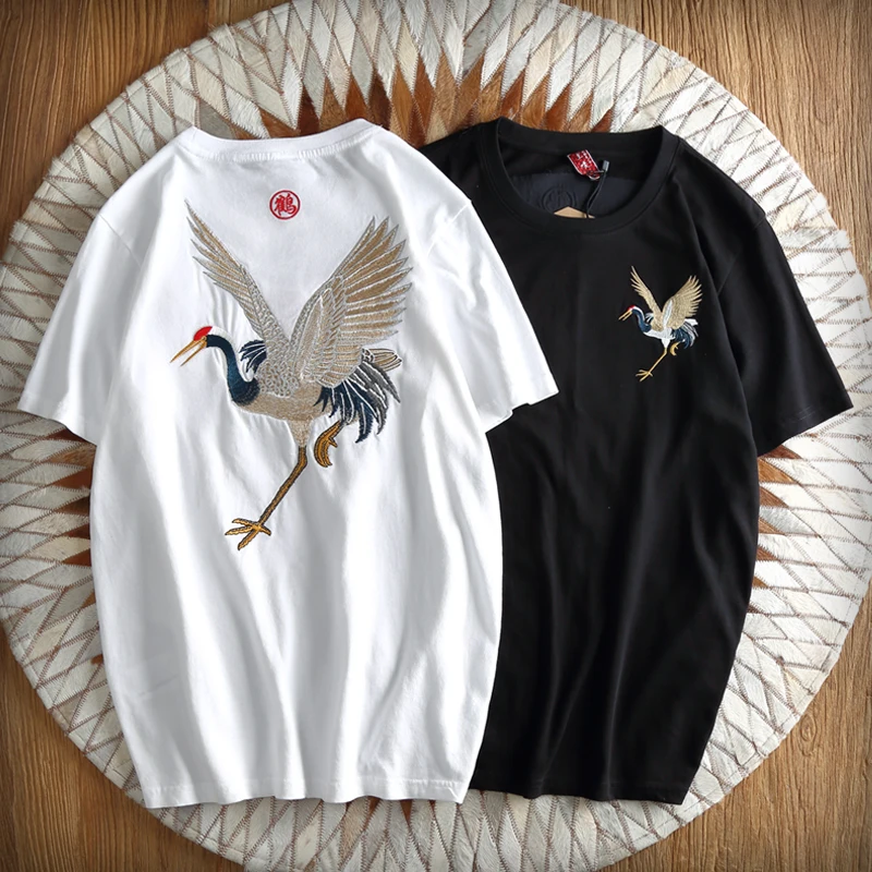 Harajuku Japan Brand Chic Crane Bird Embroidery T Shirts Men Women Oversized Y2k Tops Cotton Black White Summer Tee Hip Hop 2022