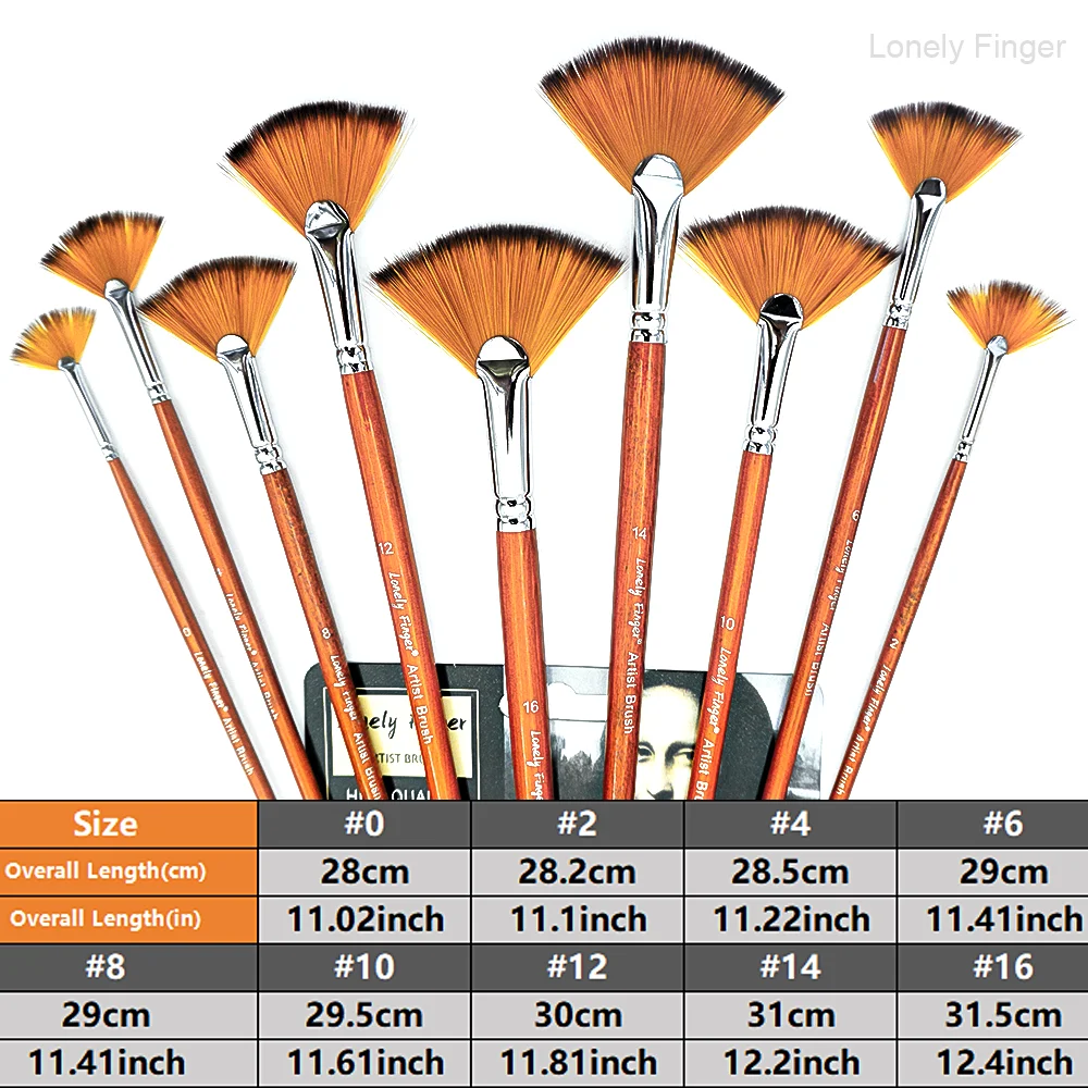 مجموعة فرش طلاء مروحة الفنان مكونة من 9 قطع، أطراف فرشاة مضادة لتساقط الشعر من النايلون، مقبض خشبي لعقد مريح، أكريليك O #2