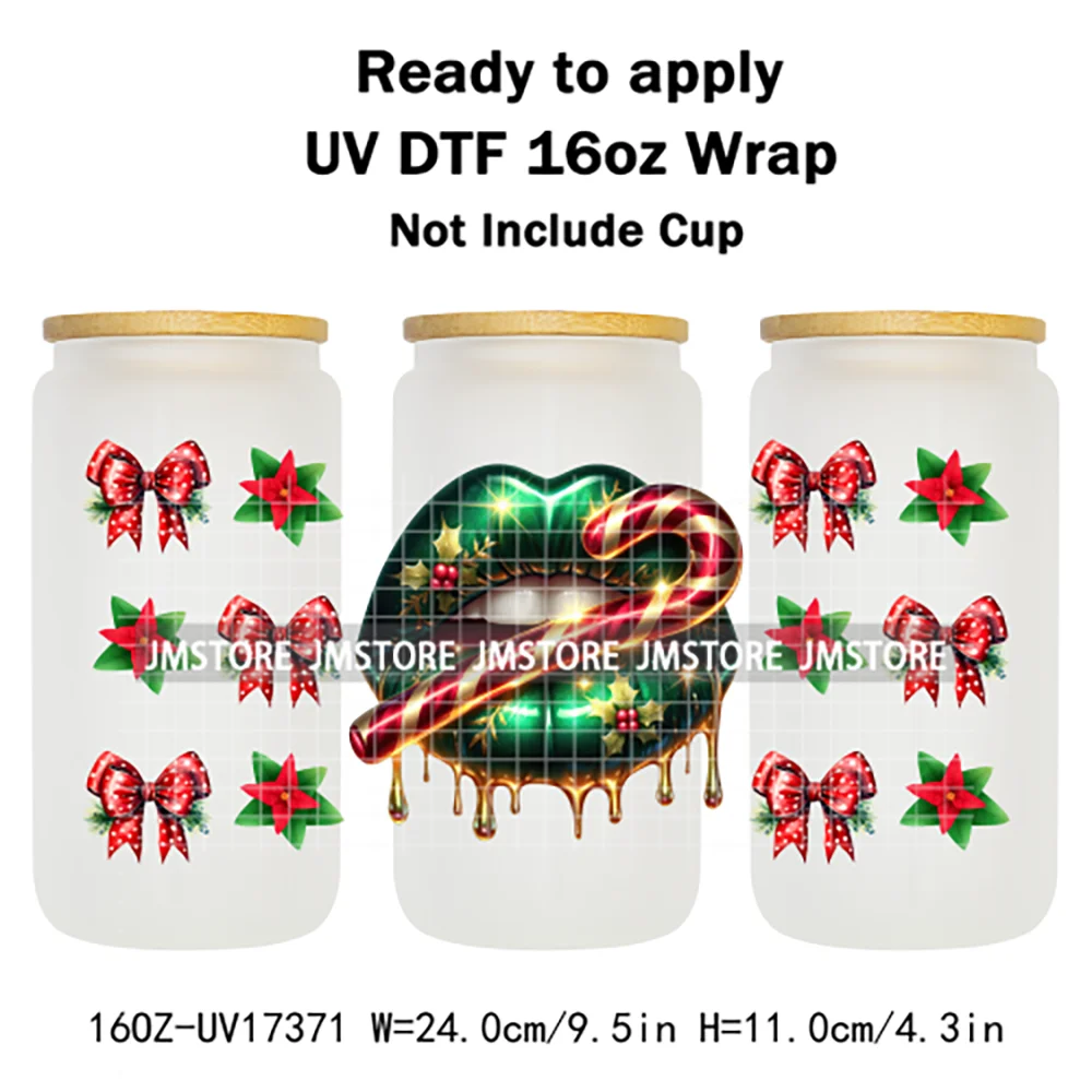 Colorful Christmas Lips Holiday Gifts Xmas Balls UV DTF Wraps Transfer Sticker Waterproof Logo For 16OZ Libbey Glass Can Tumbler