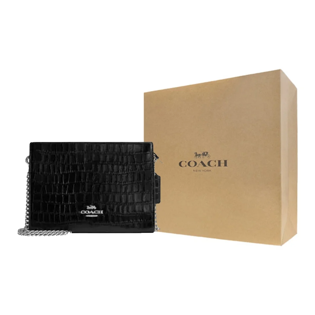COACH Crocodile Embossed Leather Shoulder Bag, Crossbody Bag Small Women's Black CR237-SVBK
