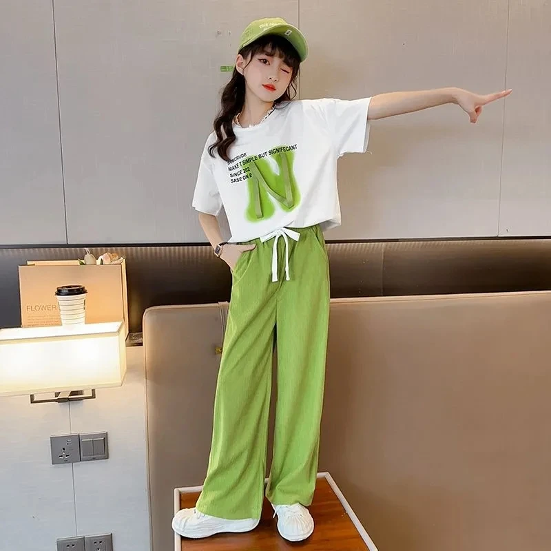 2024 New Summer 2 Piece Sets Short Sleeve Print T-shirts And Kids Lace Up Baggy Sweatpants Outfit Loose Fashion Girls Conjuntos