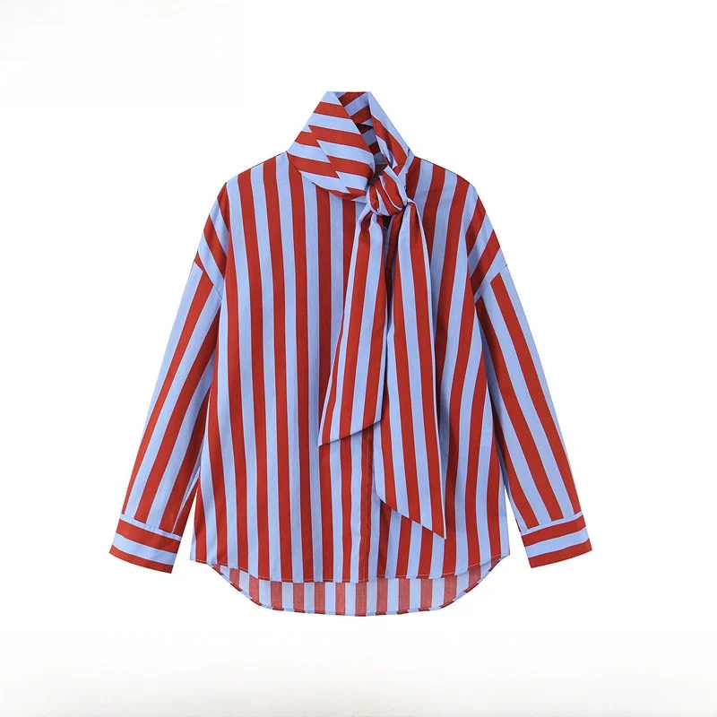 

Fashionable Knot Striped Shirt Women's Loose Fit Polyester Fiber Long Sleeve Street Style Shirt Winter New Arrival