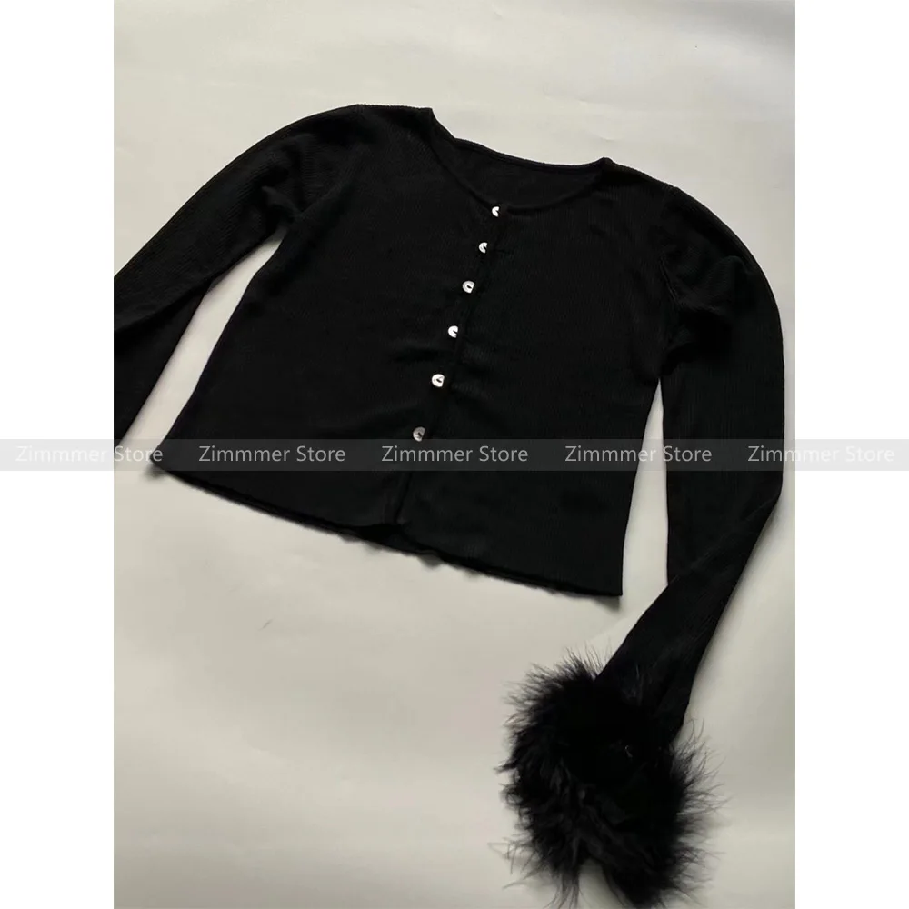 Spring and autumn spicy girl style removable black ostrich hair splicing wool blend ribbed knit short cardigan