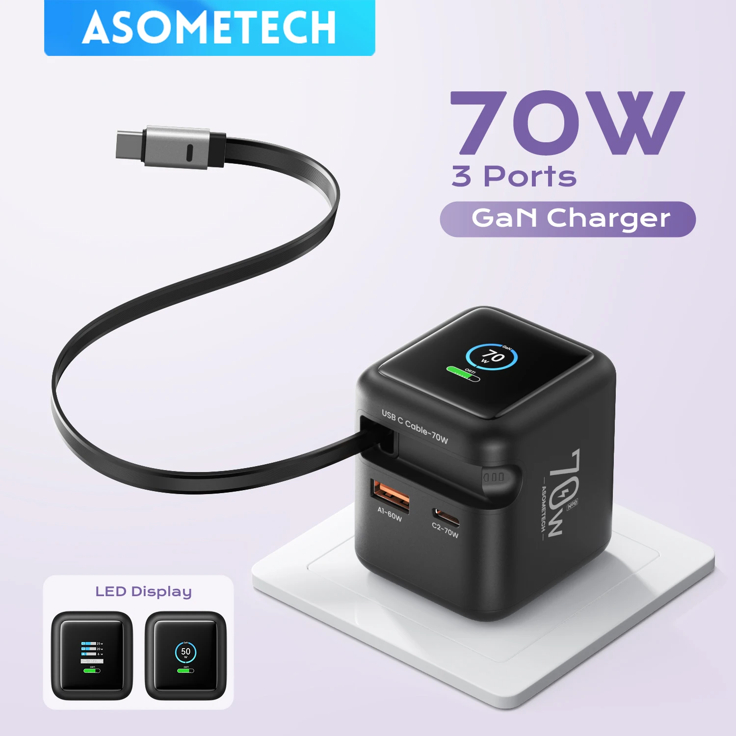 ASOMETECH 70W GaN Fast Charger with Type-C Retractable Cable 3 IN 1 PD3.0 QC4.0 PPS Fast Charging for IPhone 17 Tablet Laptop