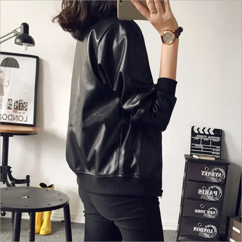 Women\'s PU Leather Jacket Zipper Moto Biker Coat Slim Fitting Solid Color Long Sleeve Casual Street Wear Zipper Black Top Autumn