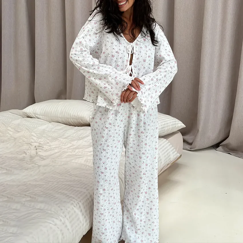 

HiLoc Casual Knit Print Outfits Home Lace Up Blouse With Elastic Waist Long Pants 2 Piece Sets Women 2025 Elegant Trousers Suit