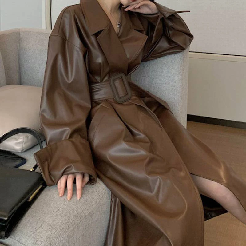 Women Long Leather Clothes Large Lapel Belt Stylish Overcoat Fall Winter Retro Long Sleeve Loose Oversized Leather Trench Coat