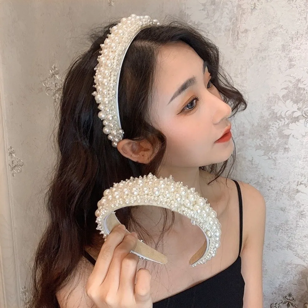 

Sweet Wide Side Bridal Hair Hoop Baroque Korean Style Pearl Headbands Large Handmade Women Hairbands Women