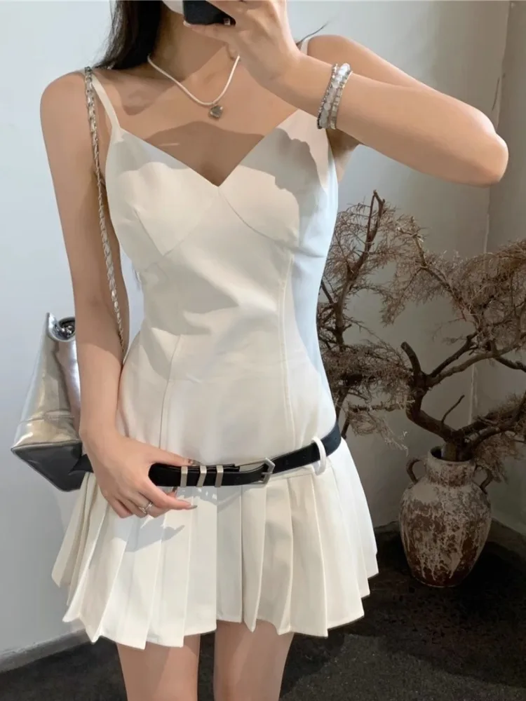 

ADAgirl Vintage White Pleated Mini Dress Belt Slim Fit V-neck Slip Dresses for Women Summer Elegant Lady Fashion Casual Skirts