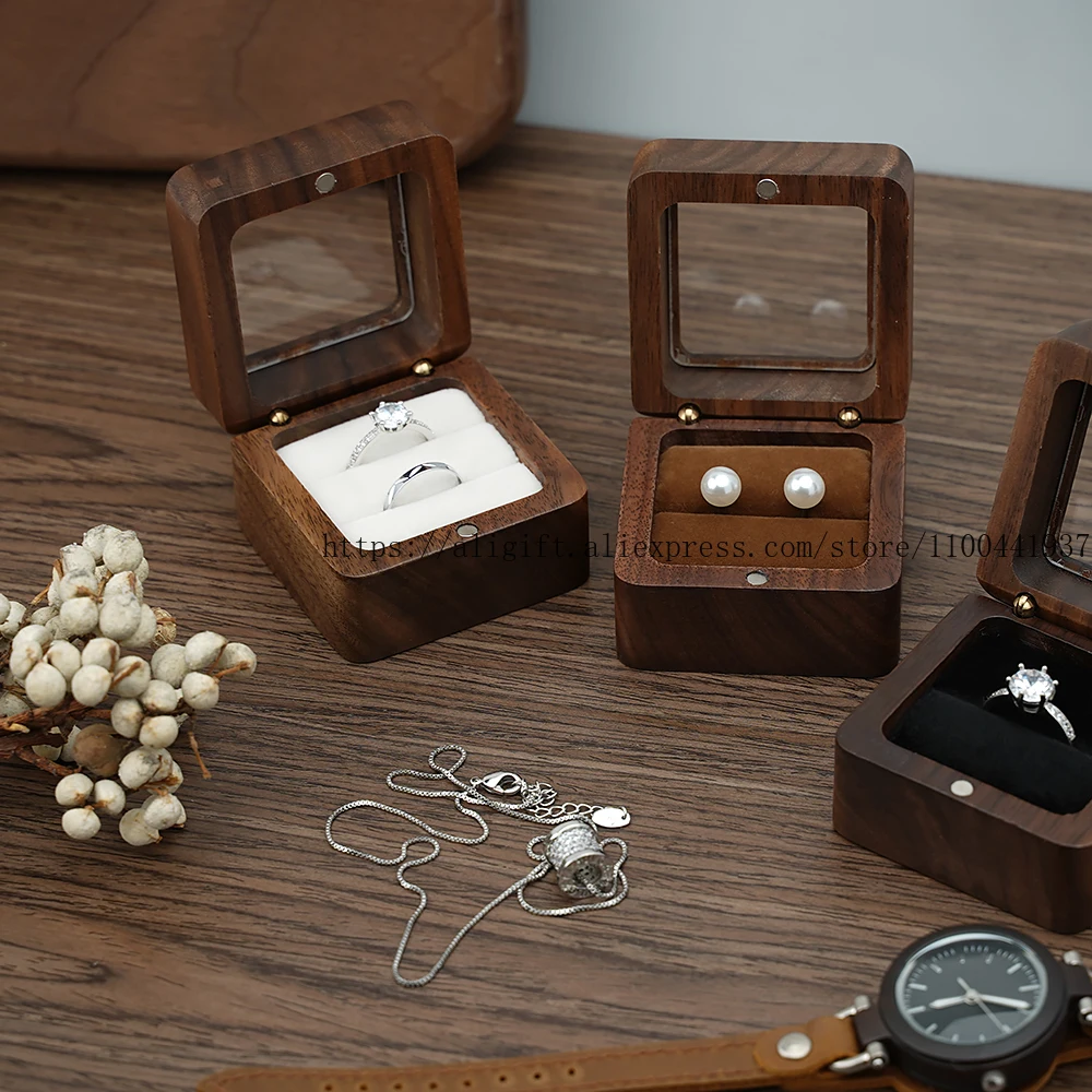 

Vintage Solid Wood Jewelry Box - Square Display Window Case for Earrings & Pendants Wedding Ring Keepsake Box with Felt Lining