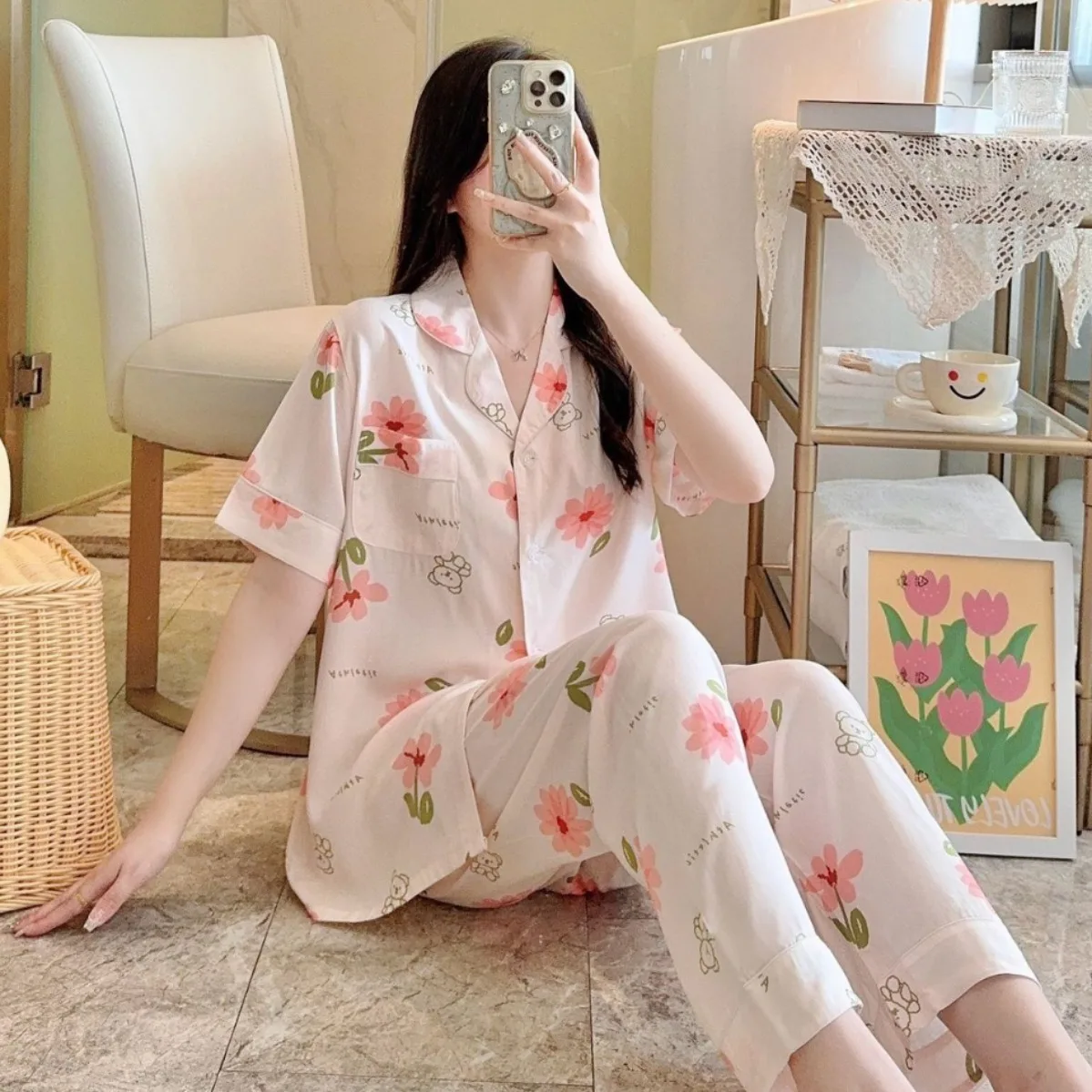 

Short Sleeve Pants Floral Print Woman Satin Pajama Sets Ensembles 2 Piece Two-Piece Outfit Lounge Women Pijama Sleepwear Pj