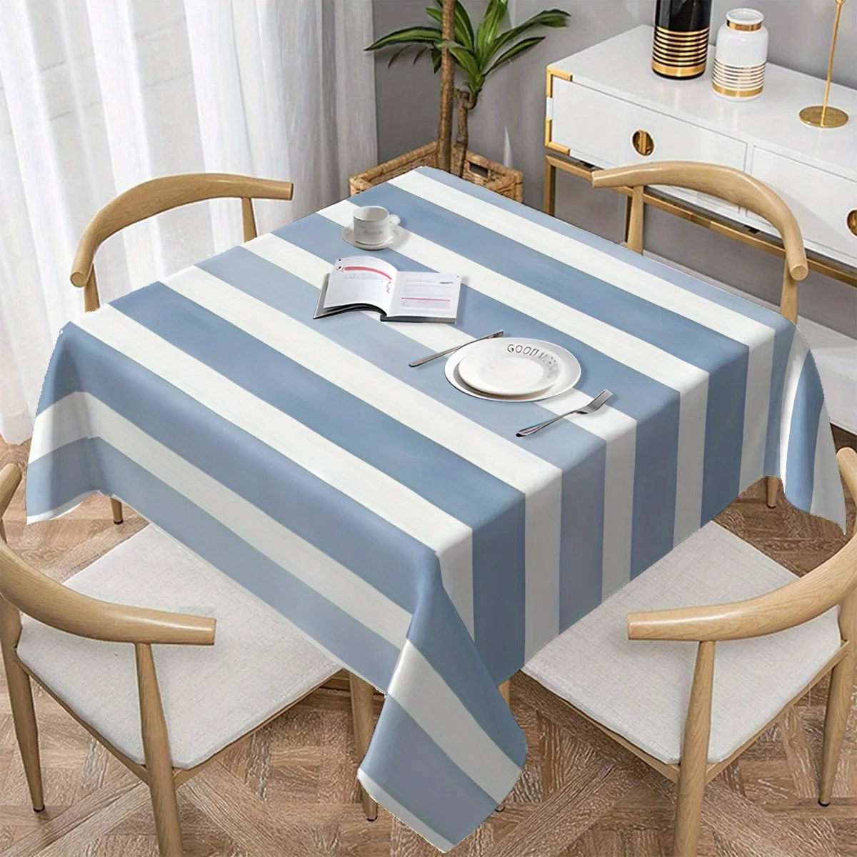 One rectangular tablecloth with blue and white stripes - peach-colored and cream-patterned fabric tableclothzyc