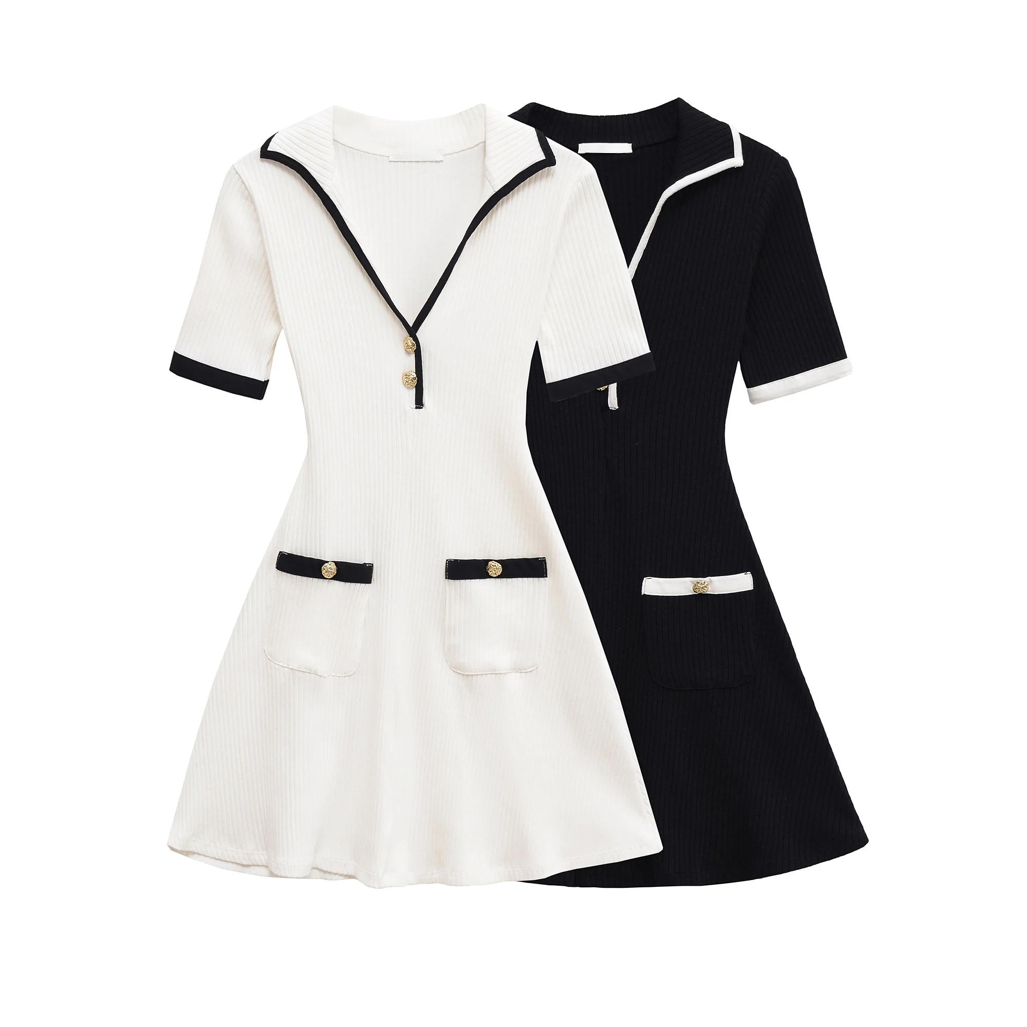 Damenbekleidung, elegant, schick, solides Minikleid, kurze Ärmel, Knöpfe, plissiertes Kleid, Sommermode, schlichtes lässiges Damenkleid 4770154