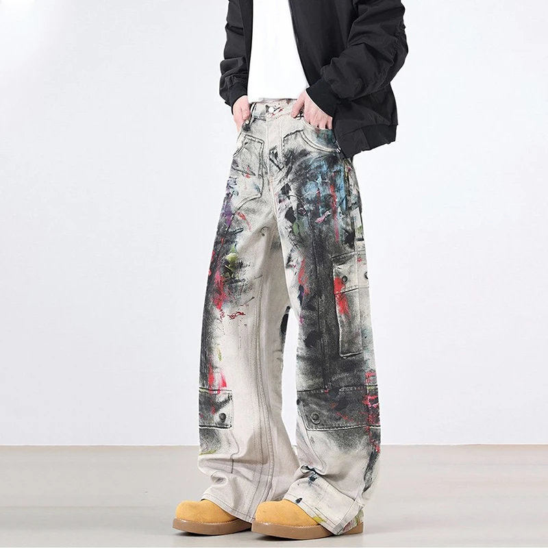 Fashion Splicing Graffiti Jeans New Autumn Winter American Street Loose Wide Leg Denim Trousers Concert Hip Hop Versatile Pants