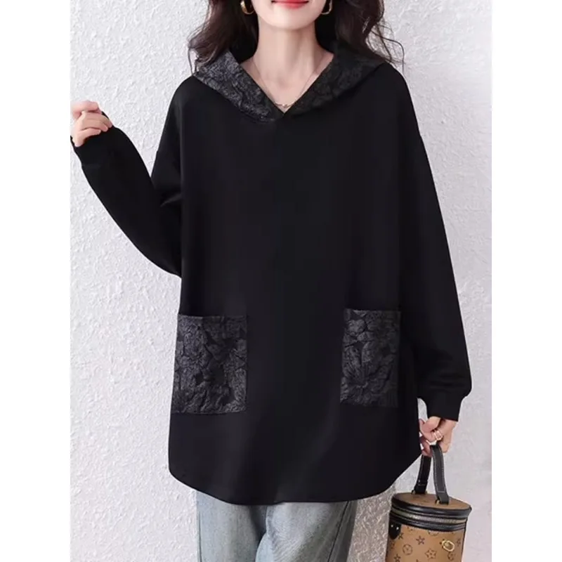 Felpa patchwork a maniche lunghe in pizzo casual a maniche lunghe con cappuccio nuovo stile alla moda per le donne