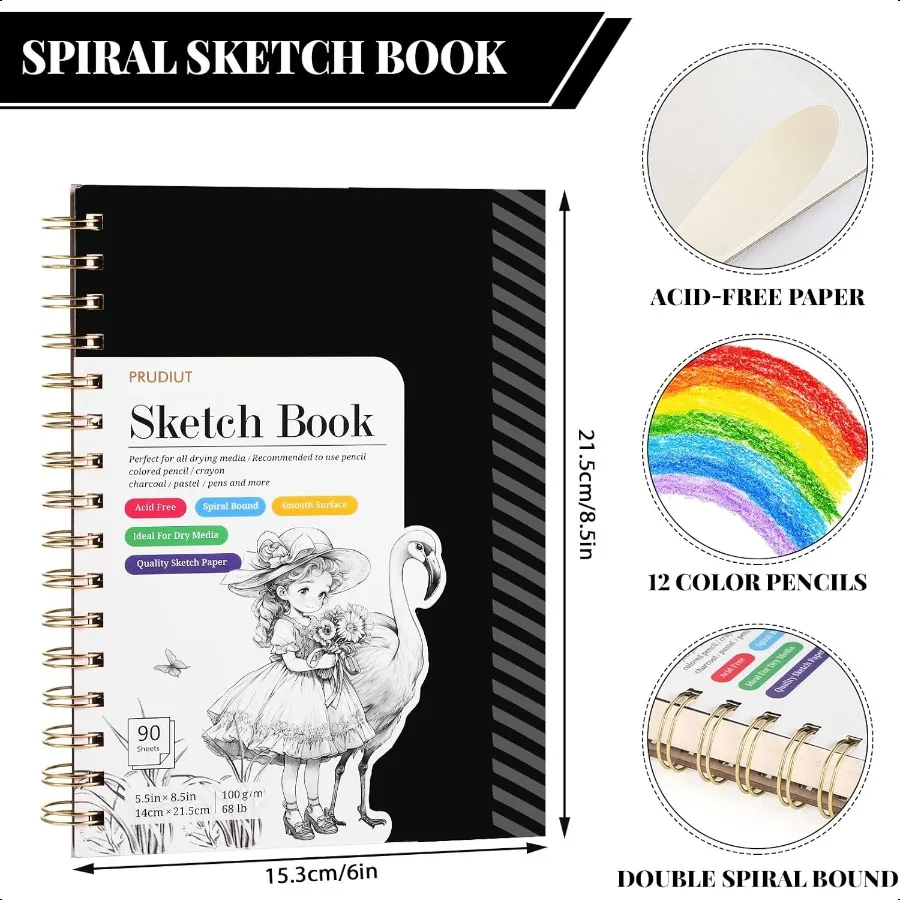 Sketch Book with 12 Color Pencil Set 90 Sheets Spiral Sketchbook for Drawing 68lb 100gsm AcidFree Sketch Pad for Artist Art Pap