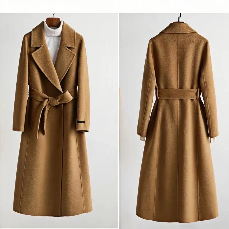 Fashion Autumn Winter New High-end Woolen Coat For women Medium long style Suit collar Slim Thicken Wool Coats With belt