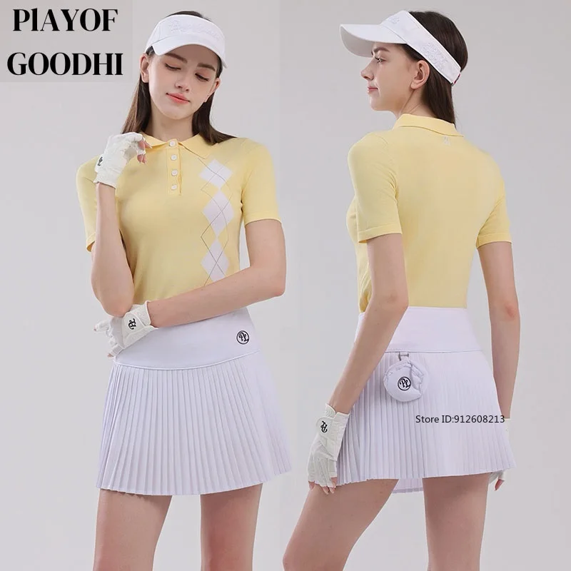 PL Golf Women Apparel Summer Short-sleeved Top Knitted Elegant Polo T-shirt Sports Pleated Skirt Lady High Waist Golf Skorts