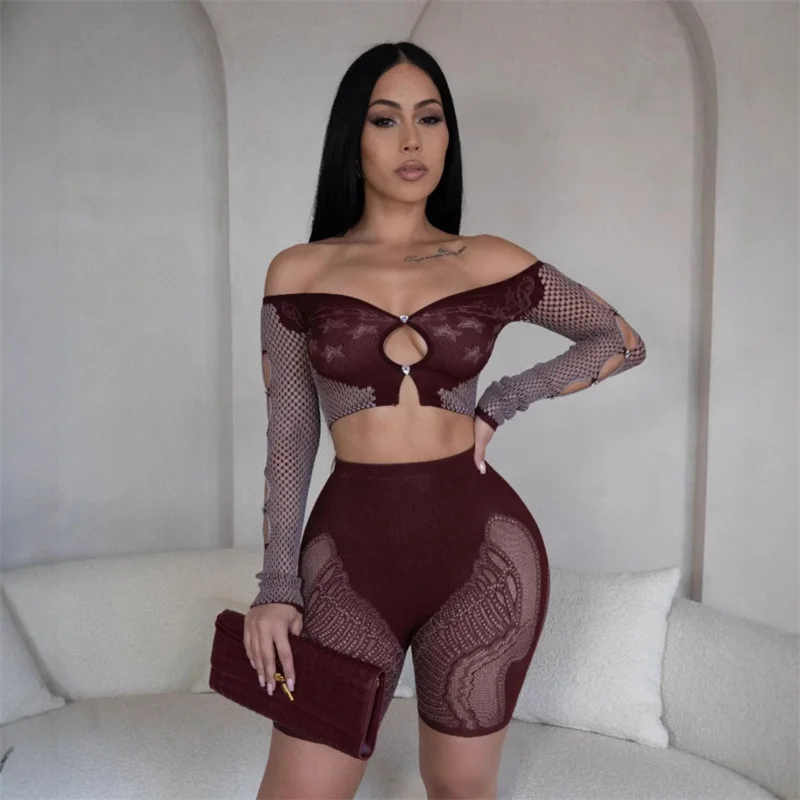 Sexy Mesh Sheer Night Club Outfits for Women Two Piece Set Birthday Long Sleeve Hollow Out Crop Top and Shorts Matching Sets